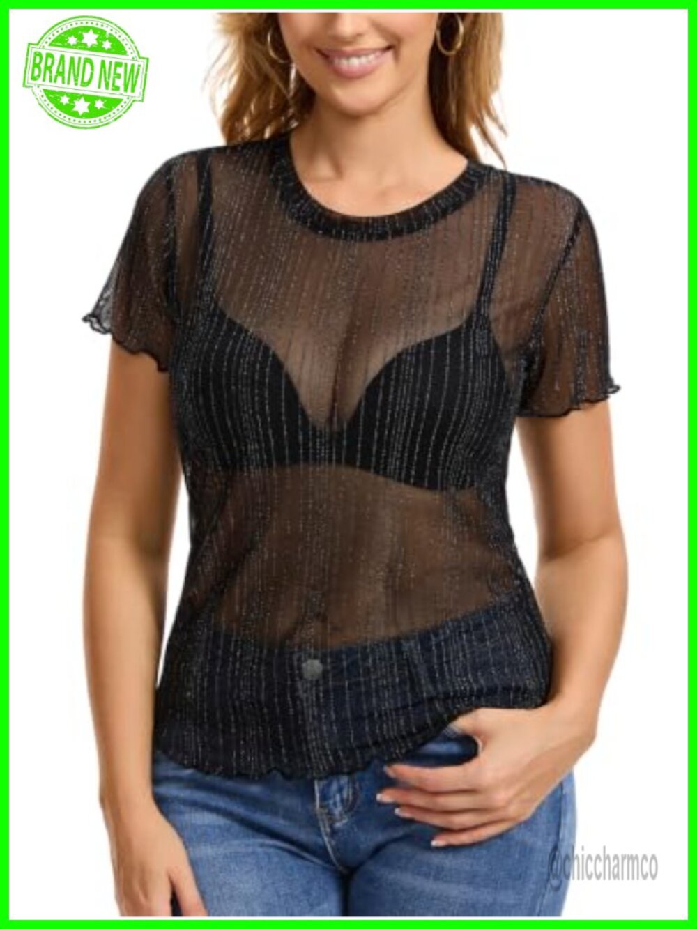 Doohu Women's Sheer Mesh Party Top with Shimmer Stripes and Ruffled Hem